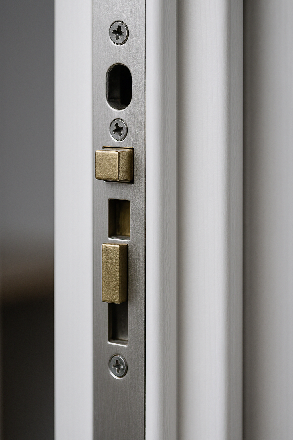 Close-up of a uPVC multipoint door lock mechanism with bolts and faceplate